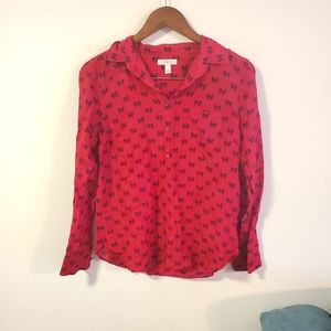 J Crew Silk Cotton blend print pattern button collared blouse red blue size 8